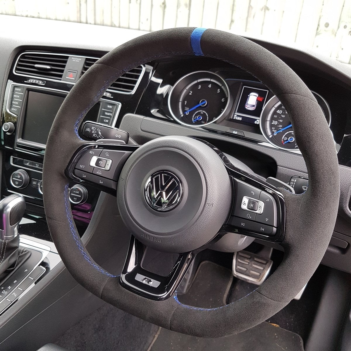 VW Golf GTI Golf R MK7 Custom Suede Car Steering Wheel Cover Wrap Blue Stripe