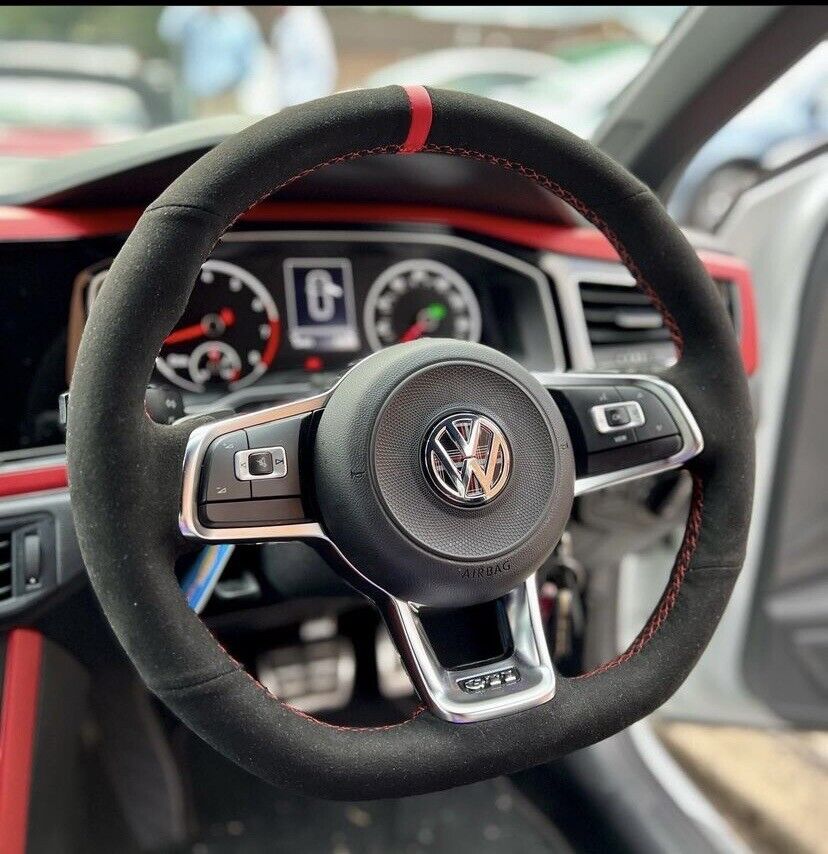 VW Golf GTI Golf R MK7 Custom Suede Car Steering Wheel Cover Wrap Red Stripe