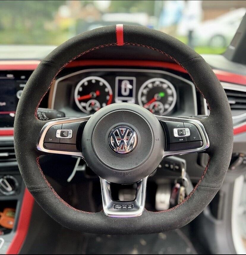 VW Golf GTI Golf R MK7 Custom Suede Car Steering Wheel Cover Wrap Red Stripe